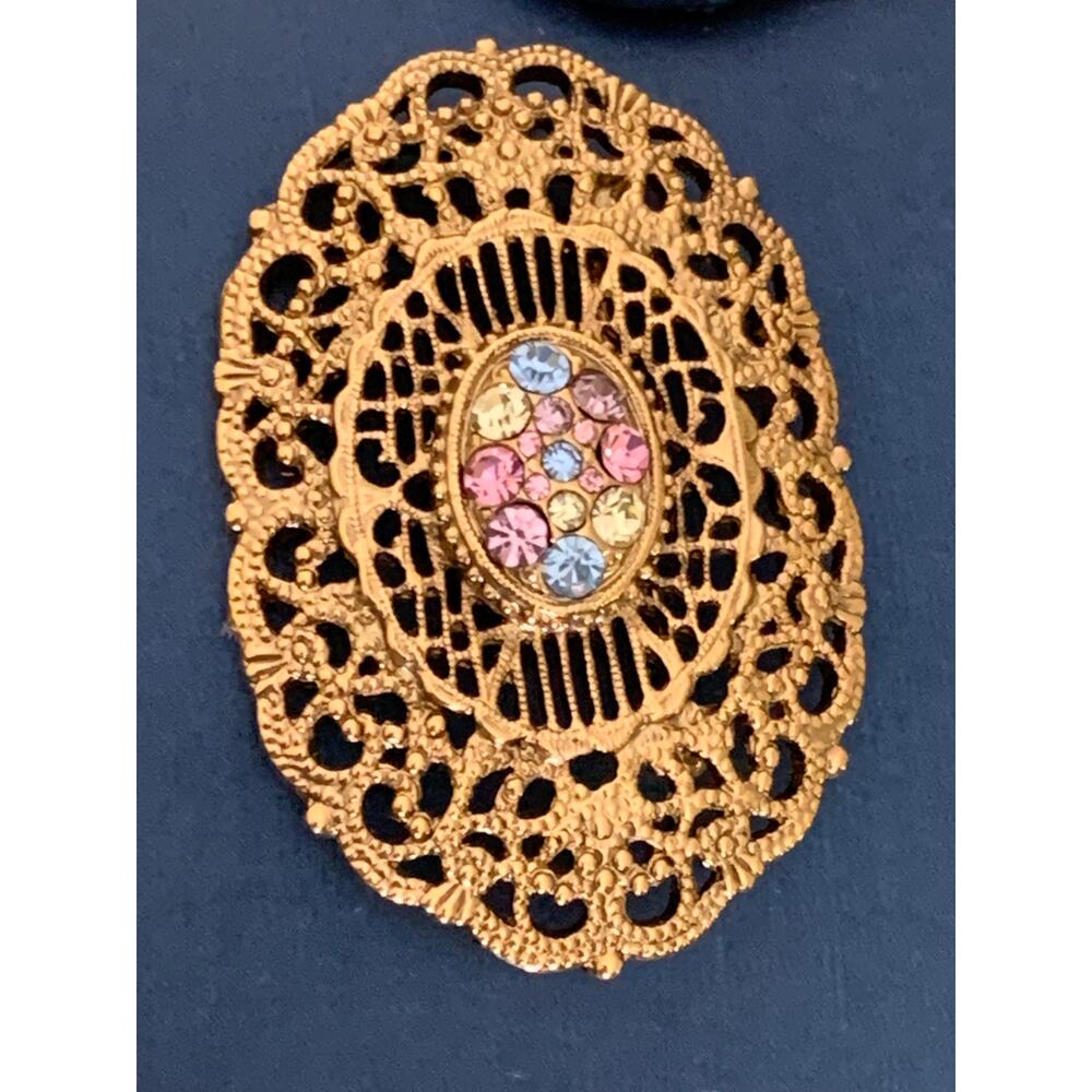 Vintage Gold Tone Filigree Brooch with Multi-Color Rhinestones